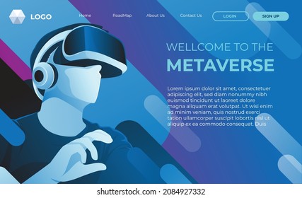 Male character using virtual reality device, metaverse illustration concept