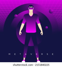 Carácter masculino usando dispositivo de realidad virtual, concepto de ilustración metaverso.