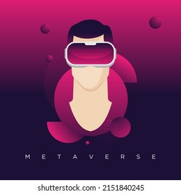 Male character using virtual reality device, metaverse illustration concept.