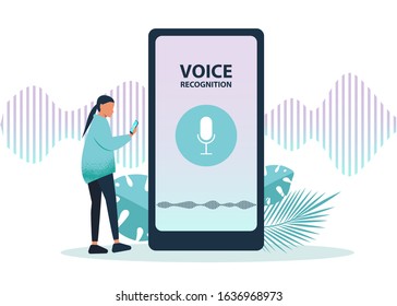 Male character using voice control for his phone. Isolated vector illustration of voice remote with character and phone.