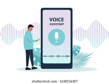 Male character using voice control for his phone. Isolated vector illustration of voice remote with character and phone.