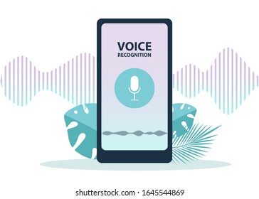 Male character using voice control for his phone. Voice assistent. Isolated vector illustration of voice remote with character and phone. Voice recognition. Vector