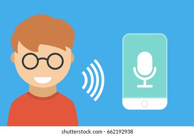 Male Character Using Voice Control For His Phone. Isolated Vector Illustration Of Voice Remote With Character And Phone