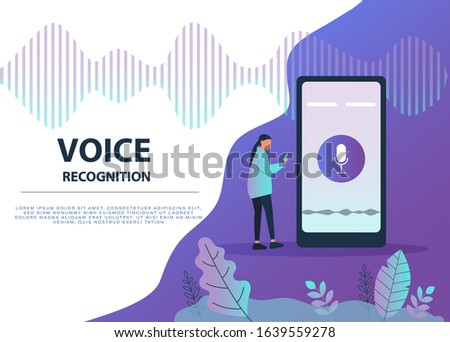 Male character using voice control for his phone. Isolated vector illustration of voice remote with character and phone.