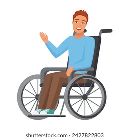 Male character using wheelchair. Young boy with limited physical mobility cartoon vector illustration