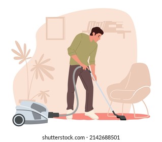 Carácter masculino Vacuando a casa con limpiador de vacío en sala de estar. Joven haciendo trabajo doméstico, limpiando suelos o alfombras, todos los días de rutina, quehaceres domésticos de fin de semana. Ilustración del vector de dibujos animados