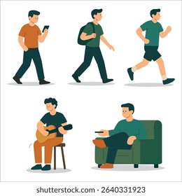Male Character in Various Daily Activities Flat Design Set