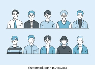 Male character in various styles. Icon of ID photo concept. hand drawn style vector design illustrations. 