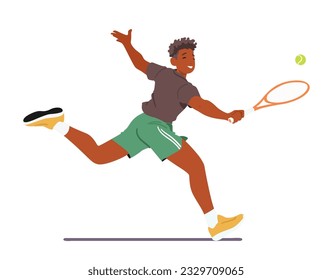 Male Character Vigorously Plays Tennis, Man Expertly Serving And Returning Balls With Precision And Agility, Showcasing His Athleticism And Passion For The Sport. Cartoon People Vector Illustration