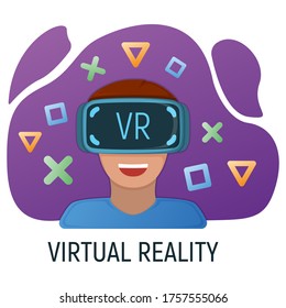Male character in virtual reality glasses, modern technology augmented reality isolated on white, flat vector illustration. Future hardware stuff, man people remote communication device.