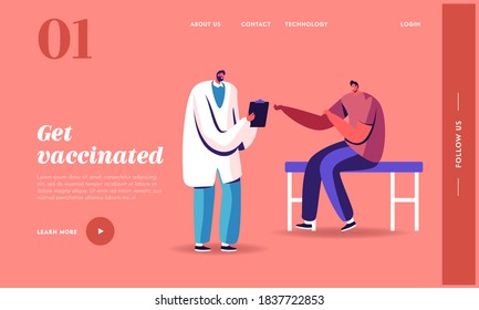Male Character Visiting Medical Procedure Landing Page Template. Sick Man Patient Sitting in Practitioner Office in front of Doctor Write and Prepare for Injection. Cartoon People Vector Illustration