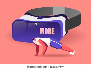 Male Character in Vr Glasses Training in Virtual Reality Cyberspace. Young Sportsman in Sports Clothing and Goggles Headset Push Up Fitness Exercising, Sports Workout. Cartoon Vector Illustration