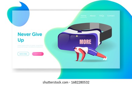 Male Character in Vr Glasses Training in Virtual Reality Cyberspace Landing Page Template Young Sportsman in Goggles Headset Push Up Fitness Exercising, Sports Workout. Cartoon Vector Illustration