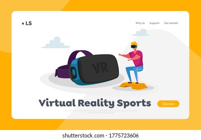 Male Character in Vr Goggles Training in Virtual Reality Cyberspace Landing Page Template. Young Sportsman in Glasses Headset Fitness Exercising, Sports Workout Squat. Cartoon Vector Illustration