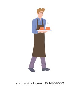 A male character waiter carries two cups of hot drink coffee or tea. Coffee shop, cafe or restaurant. Flat cartoon vector illustration isolated on a white background.