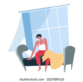 Male character waking in morning, daily routine and lifestyle of man. Bedroom with wide windows and bed. Guy in pajamas sitting on bedside, sleepy groggy personage at home. Vector in flat style