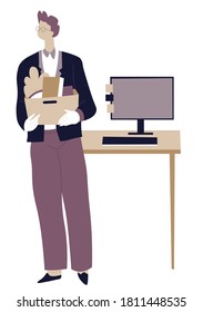 Male character walking away from working place carrying box with personal belonging. Fired man by workplace with laptop. Dismissal of staff, unemployment and job losing. Vector in flat style