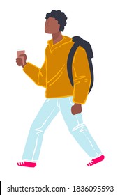 Male character walking with backpack, holding cup of coffee. Isolated teenager or student with bag on shoulders. Man or schoolkid going to school, university or college. Vector in flat style
