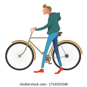Male character walking by bicycle, isolated man with bike. Personage using ecological transport, bicyclist exercising or resting at weekends. Active boy or teenagers keeping fit, vector in flat