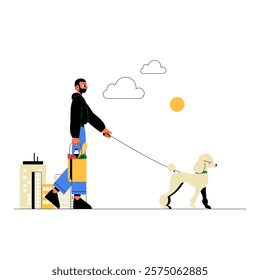 Male Character Walking Dog In Urban Setting In Flat Vector Illustration Symbolizing Leisure, Pets, And Outdoor Activities, Isolated On White Background