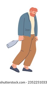 Male character walking with empty alcohol bottle, isolated personage with bad habits and lifestyle. Addiction and addictive behavior, drunken man strolling with hazy head. Vector in flat style