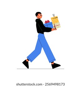 Male Character Walking With Gift Boxes In Flat Vector Illustration Symbolizing Generosity, Holiday Spirit, And Gifting, Isolated On White Background