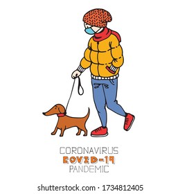 Male character walking with his dog. Man spending time with their domestic animal. Self-Care During the Coronavirus Pandemic. Hand drawn cartoon colorful vector illustration.