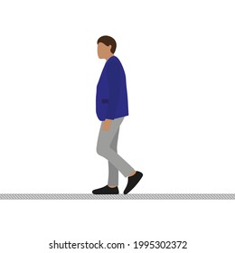 Male character walking on a tightrope on a white background
