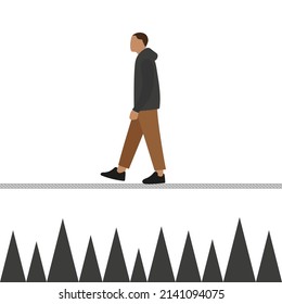 Male character walking on a tightrope over sharp objects on a white background