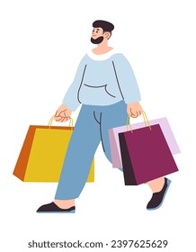 Male character walking with packets from shop or store. Isolated man personage returning from mall, shopping hobby or pastime of guy. Buying presents and goods for home. Vector in flat style