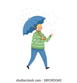 Male Character Walking Under Umbrella in Rainy Day Vector Illustration