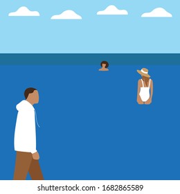 A male character walks along the water with bathing female characters