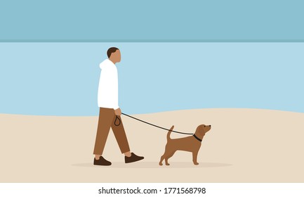 Male character walks a dog along the beach