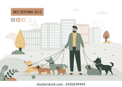 Male character walks with pets in park. Dog walking or sitting services, volunteering and pet care. Dog active walker holds leashes. Landing page or website template. Trendy flat vector illustration