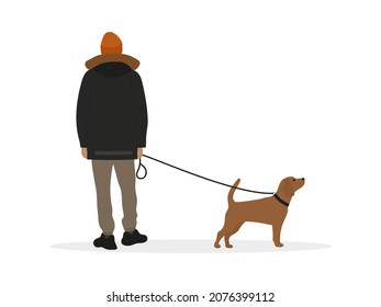 Male character in a warm jacket and hat stands with a dog on a leash on a white background