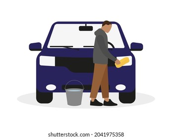 Male character washing car headlight on white background