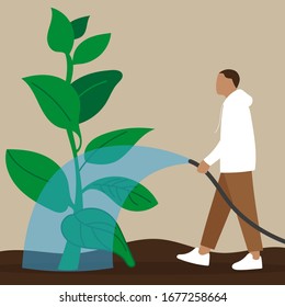 Male character watering a giant plant with water from a hose