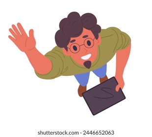 Male character waves his hand. Man looking upwards, person top view look up, guy view from above amazed something in sky flat vector illustration. Man staring up and waves his hand