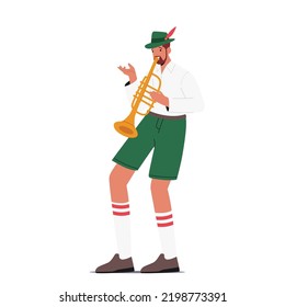 Male Character Wear Bavarian Costume Playing Trumpet during Oktoberfest Festival Isolated on White Background. Traditional German Beer Fest Celebration. Cartoon People Vector Illustration