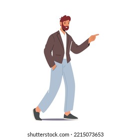 Male Character Wear Blue Jeans and Blazer Walk with Pointing Finger Isolated on White Background. Positive Man, Millenial Attractive Person Gesturing with Hand. Cartoon People Vector Illustration