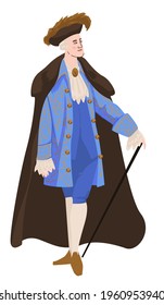 Male character wearing baroque or rococo clothes, holding walking stick. Man in cloak and costume, vintage headwear. Suit for theatre play, dramatic masquerade. French guy, vector in flat style