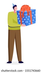 Male character wearing celebration hat holding big present with bow. Man in casual clothes standing with gift box with pattern and ribbon. Person giving present, greeting symbol on birthday vector