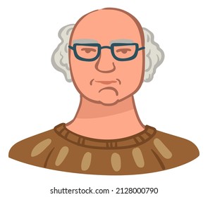 Male character wearing eyeglasses and knit sweater, isolated aging man with bald head. Pensioner or retired person portrait, avatar or photograph of guy. Grandfather with glasses. Vector in flat