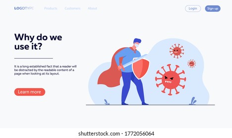 Male character wearing face mask, holding sword and shield and fighting against coronavirus. Vector illustration for covid19, virus protection, safety, healthcare concept