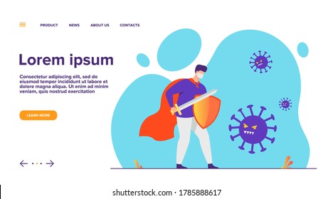 Male character wearing face mask, holding sword and shield and fighting against coronavirus. Vector illustration for covid19, virus protection, safety, healthcare concept