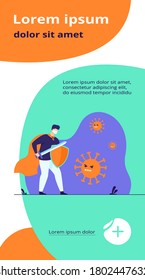 Male character wearing face mask, holding sword and shield and fighting against coronavirus. Vector illustration for covid19, virus protection, safety, healthcare concept