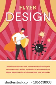 Male character wearing face mask, holding sword and shield and fighting against coronavirus. Vector illustration for covid19, virus protection, safety, healthcare concept