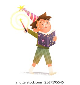 Male character wearing glasses and magician hat reading magic book. Little preschool or school boy magician with magic wand. Watercolor colored vector clip art cartoon illustration.