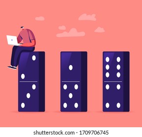 Male Character Wearing Headset Sitting on Domino Working on Laptop. Social Distance during Covid19 Pandemic Quarantine Self Isolation, Contagious Virus Cells Spreading. Cartoon Vector Illustration