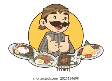 Personaje masculino con ropa tradicional javanesa en estilo de dibujos animados con comida javanesa linda mascota de Vector